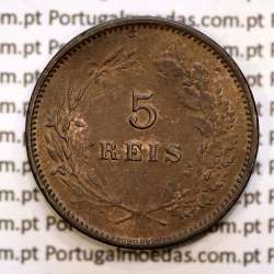 Portugal, 5 réis 1890 bronze coin of King Carlos I, (F-), World Coins Portugal KM 530