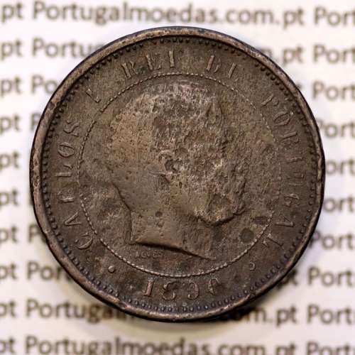 Portugal, 5 réis 1890 bronze coin of King Carlos I, (F-/VG), World Coins Portugal KM 530