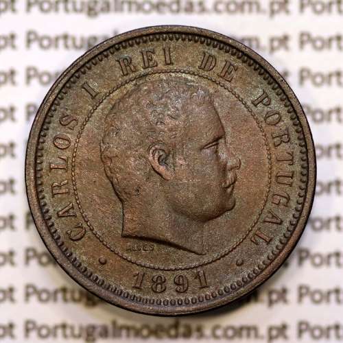 Portugal, 5 réis 1891 bronze coin of King Carlos I, (VF+), World Coins Portugal KM 530