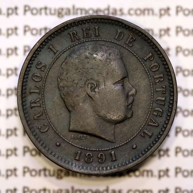 5 réis 1891 bronze D. Carlos I, (MBC+), World Coins Portugal KM 530