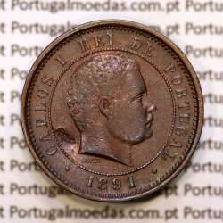 Portugal, 5 réis 1891 bronze coin of King Carlos I, (VF), World Coins Portugal KM 530