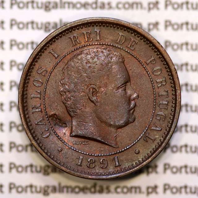 5 réis 1891 bronze D. Carlos I, (MBC), World Coins Portugal KM 530