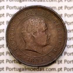 Portugal, 5 réis 1891 bronze coin of King Carlos I, (VF), World Coins Portugal KM 530