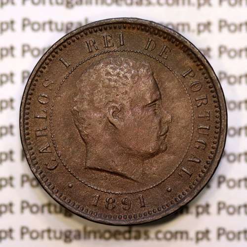 Portugal, 5 réis 1891 bronze coin of King Carlos I, (VF), World Coins Portugal KM 530