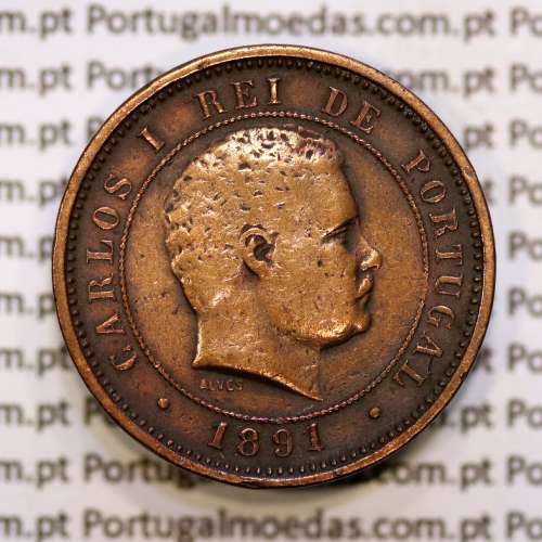 Portugal, 5 réis 1891 bronze coin of King Carlos I, (VF), World Coins Portugal KM 530