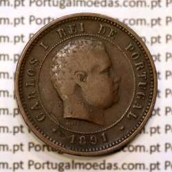 Portugal, 5 réis 1891 bronze coin of King Carlos I, (VF), World Coins Portugal KM 530