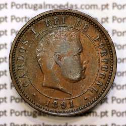 5 réis 1891 bronze D. Carlos I, (MBC), World Coins Portugal KM 530
