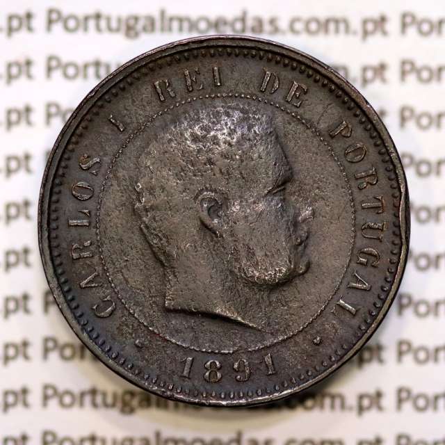 5 réis 1891 bronze D. Carlos I, (MBC), World Coins Portugal KM 530