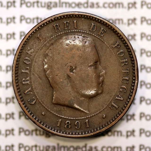 5 réis 1891 bronze D. Carlos I, (MBC-), World Coins Portugal KM 530