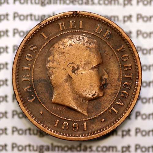 Portugal, 5 réis 1891 bronze coin of King Carlos I, (VF-), World Coins Portugal KM 530