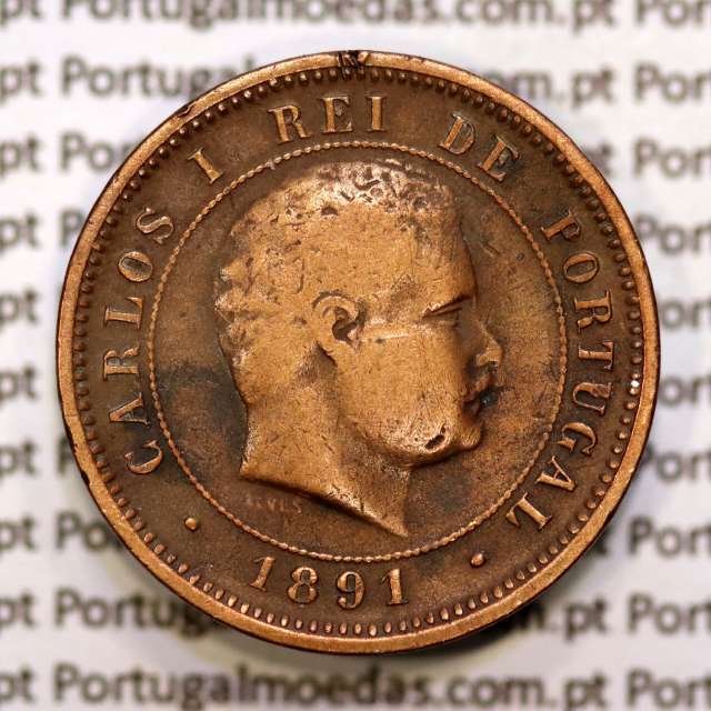 5 réis 1891 bronze D. Carlos I, (MBC-), World Coins Portugal KM 530