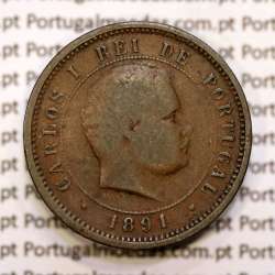 Portugal, 5 réis 1891 bronze coin of King Carlos I, (VF-), World Coins Portugal KM 530