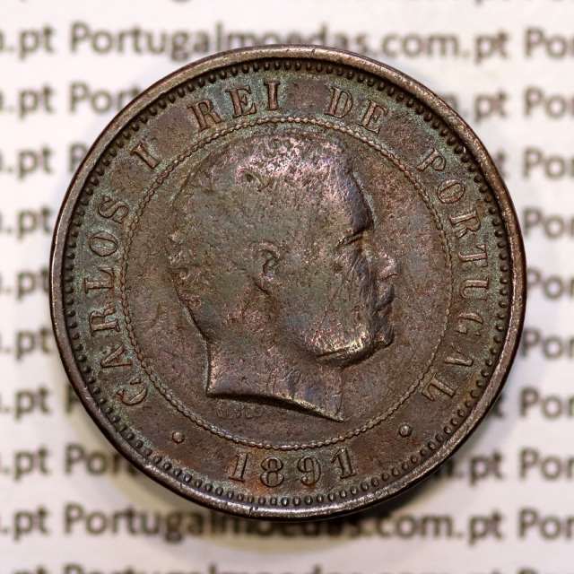 Portugal, 5 réis 1891 bronze coin of King Carlos I, (F), World Coins Portugal KM 530