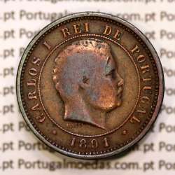 Portugal, 5 réis 1891 bronze coin of King Carlos I, (VF-), World Coins Portugal KM 530