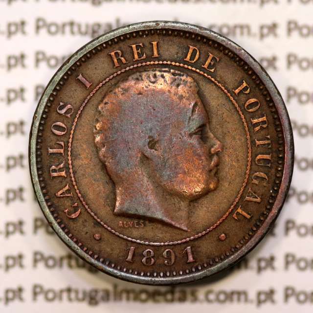 5 réis 1891 bronze D. Carlos I, (MBC-), World Coins Portugal KM 530