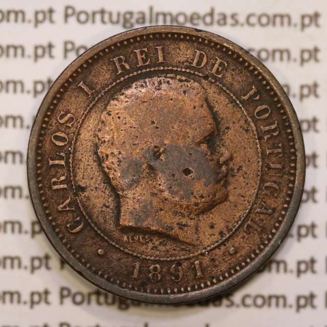 Portugal, 5 réis 1891 bronze coin of King Carlos I, (F), World Coins Portugal KM 530