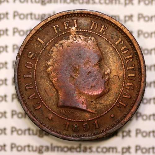 Portugal, 5 réis 1891 bronze coin of King Carlos I, (F-), World Coins Portugal KM 530