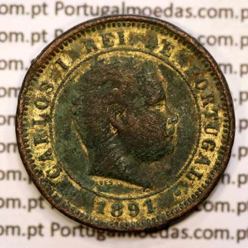 Portugal, 5 réis 1891 bronze coin of King Carlos I, (F-), World Coins Portugal KM 530