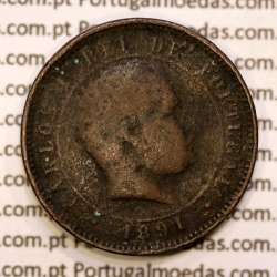 Portugal, 5 réis 1891 bronze coin of King Carlos I, (F-), World Coins Portugal KM 530