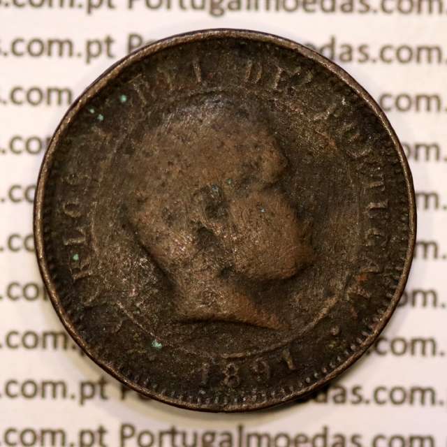 Portugal, 5 réis 1891 bronze coin of King Carlos I, (F-), World Coins Portugal KM 530