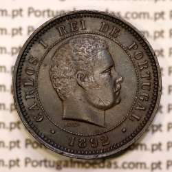 Portugal, 5 réis 1892 bronze coin of King Carlos I, (XF), World Coins Portugal KM 530