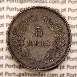 Portugal, 5 réis 1892 bronze coin of King Carlos I, (XF), World Coins Portugal KM 530