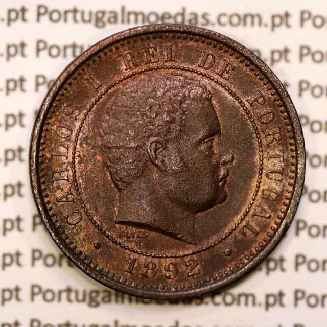 Portugal, 5 réis 1892 bronze coin of King Carlos I, (VF+/XF), World Coins Portugal KM 530
