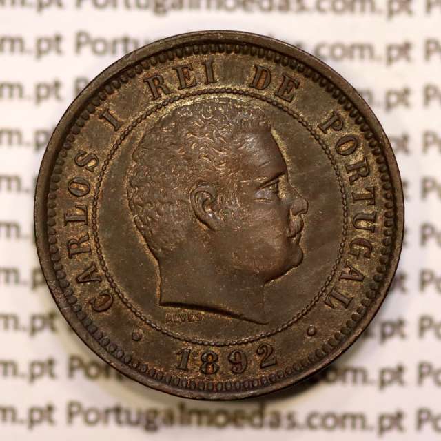 Portugal, 5 réis 1892 bronze coin of King Carlos I, (XF), World Coins Portugal KM 530