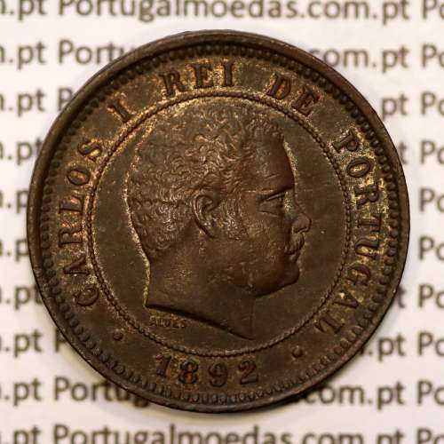 Portugal, 5 réis 1892 bronze coin of King Carlos I, (XF), World Coins Portugal KM 530
