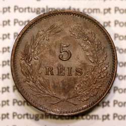 Portugal, 5 réis 1892 bronze coin of King Carlos I, (XF), World Coins Portugal KM 530