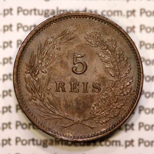 Portugal, 5 réis 1892 bronze coin of King Carlos I, (XF), World Coins Portugal KM 530