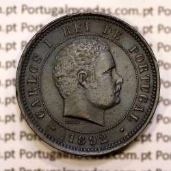 Portugal, 5 réis 1892 bronze coin of King Carlos I, (VF+/XF-), World Coins Portugal KM 530