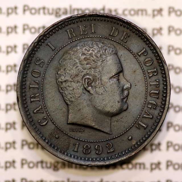 Portugal, 5 réis 1892 bronze coin of King Carlos I, (VF+/XF-), World Coins Portugal KM 530