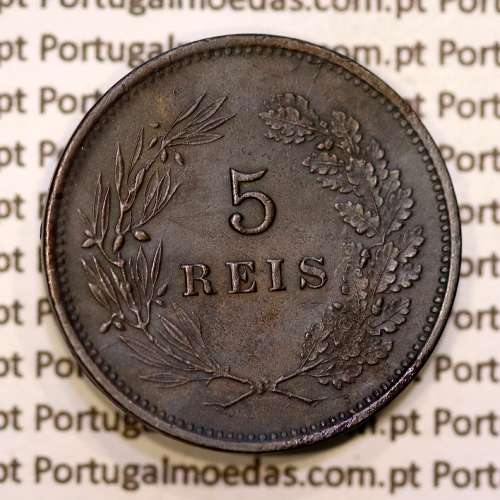 Portugal, 5 réis 1892 bronze coin of King Carlos I, (VF+/XF-), World Coins Portugal KM 530