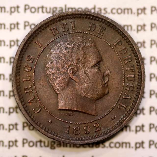 Portugal, 5 réis 1892 bronze coin of King Carlos I, (VF+), World Coins Portugal KM 530