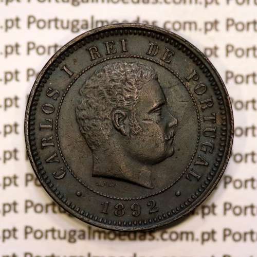 Portugal, 5 réis 1892 bronze coin of King Carlos I, (VF+), World Coins Portugal KM 530