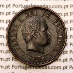 Portugal, 5 réis 1892 bronze coin of King Carlos I, (VF+), World Coins Portugal KM 530