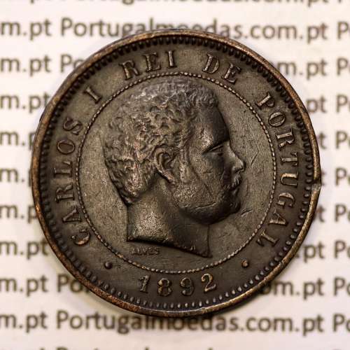 Portugal, 5 réis 1892 bronze coin of King Carlos I, (VF+), World Coins Portugal KM 530