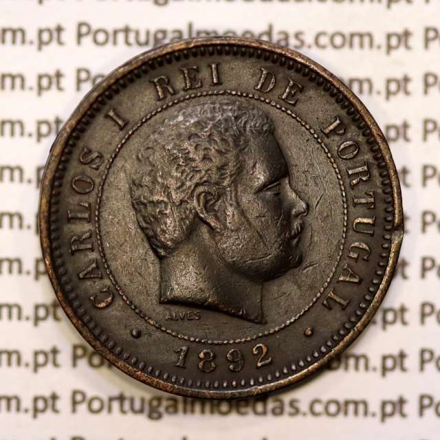 Portugal, 5 réis 1892 bronze coin of King Carlos I, (VF+), World Coins Portugal KM 530
