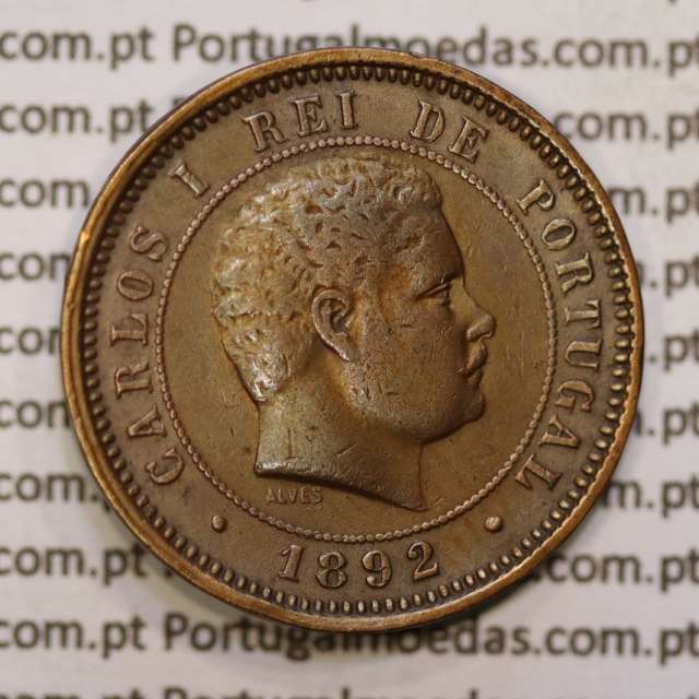 Portugal, 5 réis 1892 bronze coin of King Carlos I, (VF+), World Coins Portugal KM 530