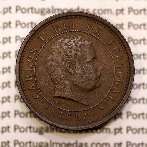 Portugal, 5 réis 1892 bronze coin of King Carlos I, (VF+), World Coins Portugal KM 530