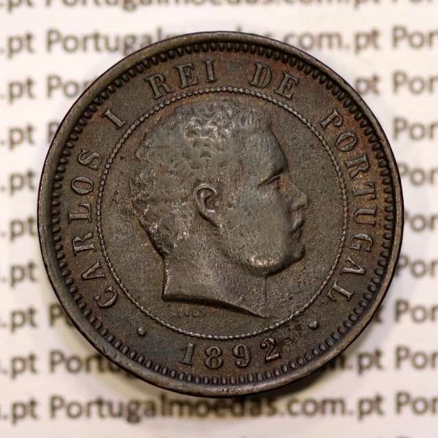 Portugal, 5 réis 1892 bronze coin of King Carlos I, (VF+), World Coins Portugal KM 530