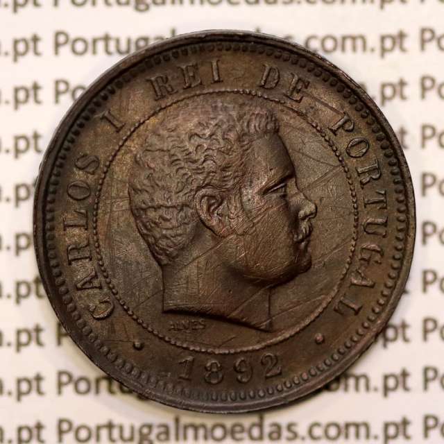 Portugal, 5 réis 1892 bronze coin of King Carlos I, (VF), World Coins Portugal KM 530