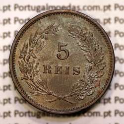 Portugal, 5 réis 1892 bronze coin of King Carlos I, (VF), World Coins Portugal KM 530