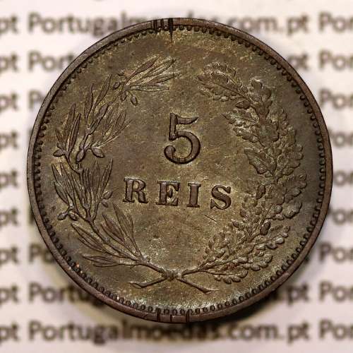 Portugal, 5 réis 1892 bronze coin of King Carlos I, (VF), World Coins Portugal KM 530