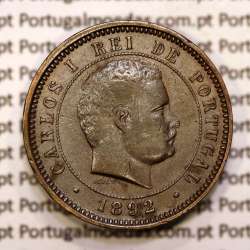 Portugal, 5 réis 1892 bronze coin of King Carlos I, (VF), World Coins Portugal KM 530