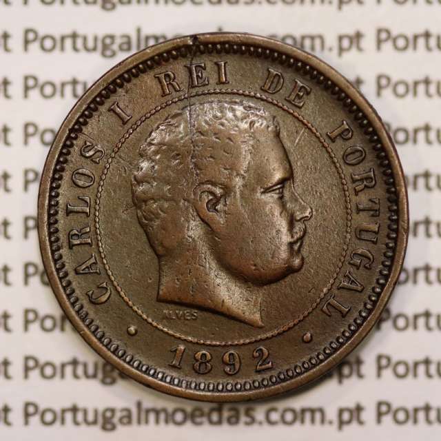 Portugal, 5 réis 1892 bronze coin of King Carlos I, (VF), World Coins Portugal KM 530