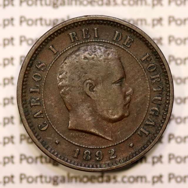 Portugal, 5 réis 1892 bronze coin of King Carlos I, (VF), World Coins Portugal KM 530