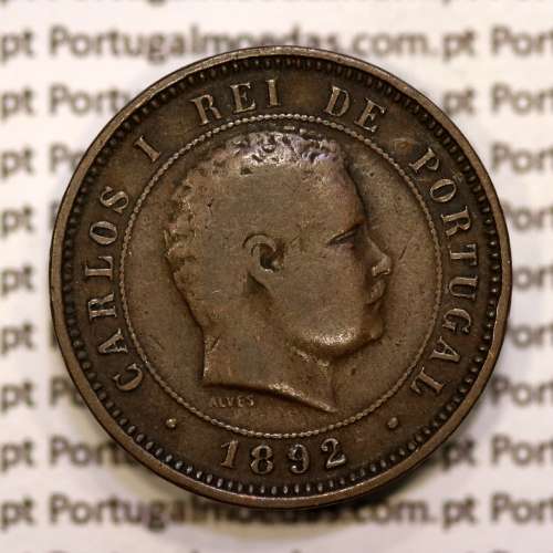 Portugal, 5 réis 1892 bronze coin of King Carlos I, (F+), World Coins Portugal KM 530