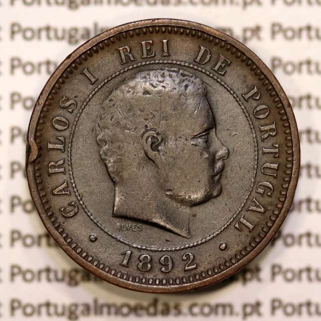Portugal, 5 réis 1892 bronze coin of King Carlos I, (F+), World Coins Portugal KM 530